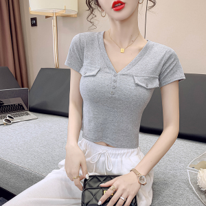 PS34759# 夏新款V领T恤女打底衫修身韩版纽扣上衣