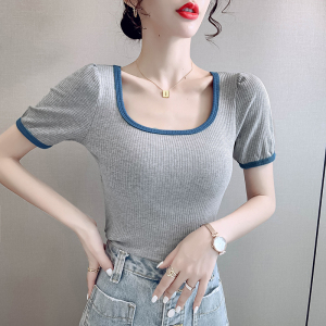 PS34760# 设计感韩版拼色方领泡泡袖T恤女上衣