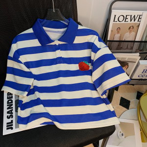 PS28044# 刺绣草莓polo领短袖T恤夏季新款短款设计感小众条纹上衣女