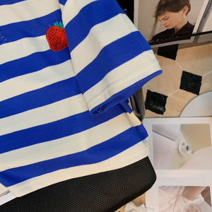 PS28044# 刺绣草莓polo领短袖T恤夏季新款短款设计感小众条纹上衣女
