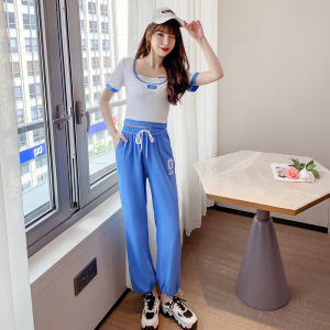 PS33865# 时尚套装女夏季新款韩版圆领短袖T恤+束脚裤休闲运动两件套 服装批发女装直播货源
