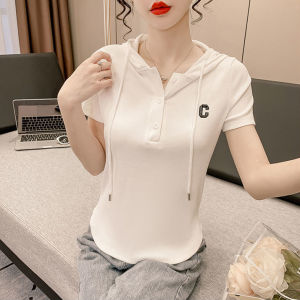 CP993#长期特价款！ 纯棉 字母C刺绣短袖T恤女夏季休闲韩版修身显瘦不规则连帽上衣