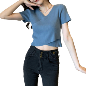 CX8468# 最便宜服饰批发 高腰针织短袖T恤女修身设计感夏季新款复古交叉短款上衣服