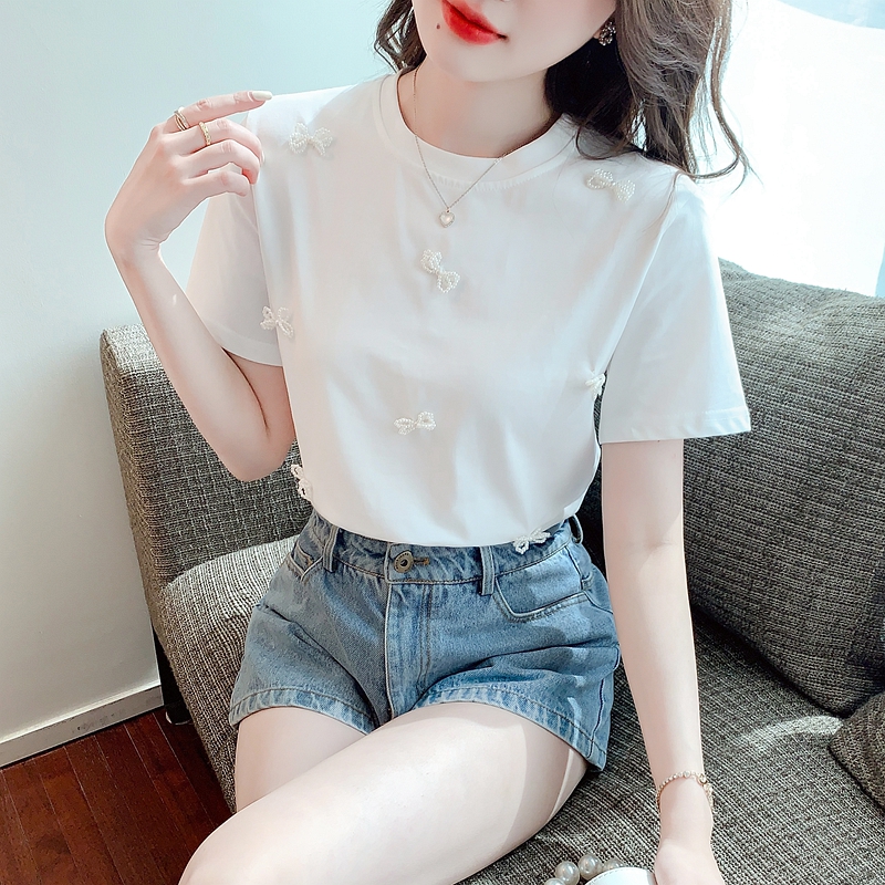 甜美白色短袖t恤女2024夏季新款韩风设计感小众纯棉上衣体恤