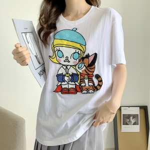 PS33124# 棉夏新款小女孩与猫印花圆领通勤韩版潮流T恤 服装批发女装直播货源