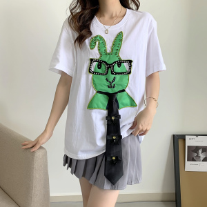 PS33115# 棉夏新款绿色小猫黑领带印花韩版潮流棉T恤上衣 服装批发女装直播货源