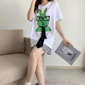 PS33115# 棉夏新款绿色小猫黑领带印花韩版潮流棉T恤上衣 服装批发女装直播货源