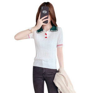 KM15881#短袖针织T恤女韩版钉珠翻领洋气提花冰丝百搭减龄上衣女