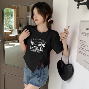 PS32368# 大码韩版甜辣风短款抽绳小众设计感字母印花ins潮T恤上衣 服装批发女装直播货源