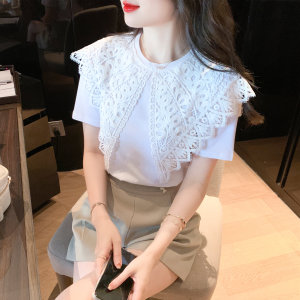 PS30023# 夏季新款蕾丝拼接短袖纯棉T恤白色韩版气质上衣显瘦女 服装批发女装直播货源