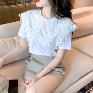 PS30023# 夏季新款蕾丝拼接短袖纯棉T恤白色韩版气质上衣显瘦女 服装批发女装直播货源