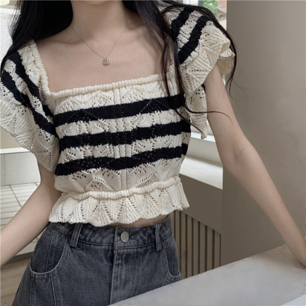 RM3606#夏季新款条纹方领小飞袖针织衫短袖女