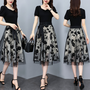 RM12542#假两件连衣裙女夏季2023新款高级感气质减龄洋气遮肚网纱拼接裙子