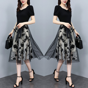 RM12542#假两件连衣裙女夏季2023新款高级感气质减龄洋气遮肚网纱拼接裙子
