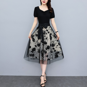 RM12542#假两件连衣裙女夏季2023新款高级感气质减龄洋气遮肚网纱拼接裙子