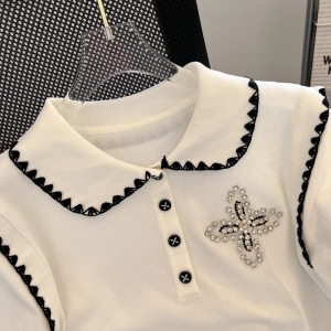 PS29105# 撞色Polo领短袖t恤女夏季新款订钻设计感小众宽松上衣 服装批发女装直播货源