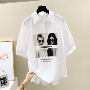 KM18774#韩版美式复古印花衬衣女夏季宽松设计感小众防晒外穿上衣