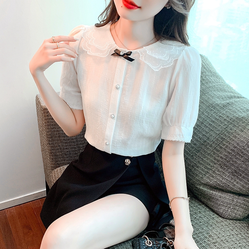 甜美娃娃領雪紡襯衫女短袖2026年夏裝新款女設計感小眾白色上衣女