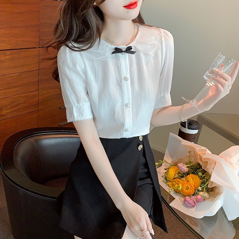 甜美娃娃領雪紡襯衫女短袖2026年夏裝新款女設計感小眾白色上衣女