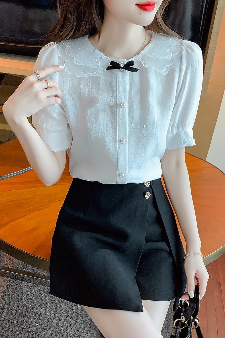 甜美娃娃領雪紡襯衫女短袖2026年夏裝新款女設計感小眾白色上衣女
