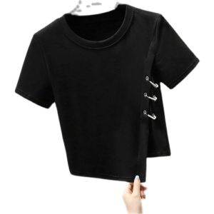CX9371# 最便宜服装批发 棉短袖女夏季女装修身t恤ins潮不规则设计感小众短款上衣潮