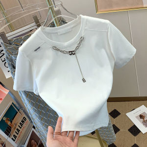 CX9372# 最便宜服装批发 螺纹面料重工字母链条短款T恤女夏季大码宽松修身短袖洋气上衣