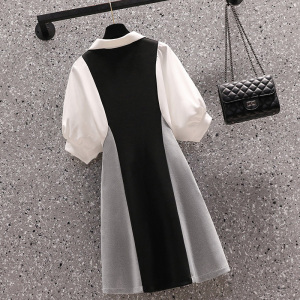 KM19712#大码女装2022夏新款法式拼接polo领梨形身材拼色短袖连衣裙
