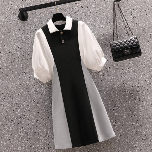 KM19712#大码女装2022夏新款法式拼接polo领梨形身材拼色短袖连衣裙