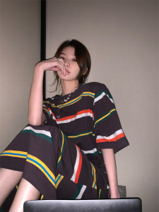PS36710#  韩国小众松紧收腰短款撞色条纹上衣+一步裙半身裙