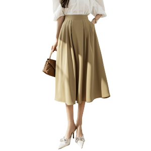 KM19477#夏季新款法式A字伞裙半身裙中长款过膝口袋褶皱大摆裙女