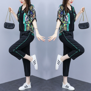 RM4169#大码女装 新款夏季印花短袖时尚套装两件套v领复古气质