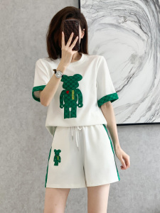 KM18816#时尚小熊运动套装女夏季薄款2022新款炸街白色短袖短裤休闲两件套