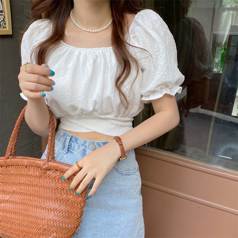 White puff sleeve shirt women's design niche 2024 summer new style French gentle style short top