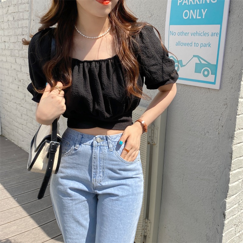 White puff sleeve shirt women's design niche 2024 summer new style French gentle style short top