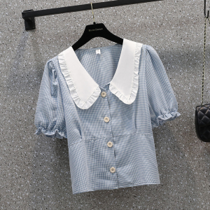 RM9092#新款格子衬衫洋气设计感娃娃领撞色短款泡泡袖上衣M-4XL200斤