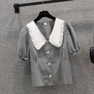 RM9092#新款格子衬衫洋气设计感娃娃领撞色短款泡泡袖上衣M-4XL200斤