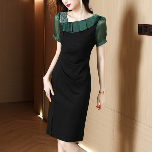 KM15705#法式连衣裙女短袖夏装高级感设计感小众气质斜领开叉包臀裙