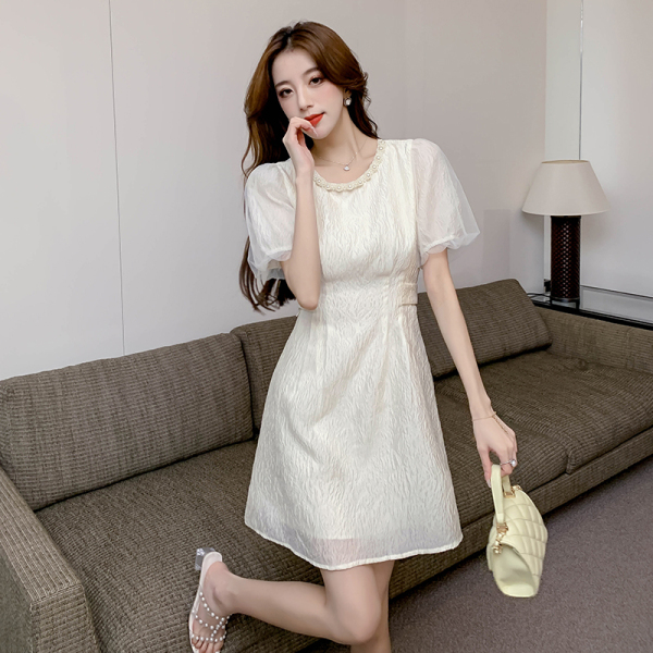 KM19228#夏新款韩版气质珍珠圆领泡泡袖拼接设计收腰显瘦连衣裙