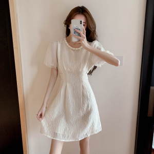 KM19228#夏新款韩版气质珍珠圆领泡泡袖拼接设计收腰显瘦连衣裙