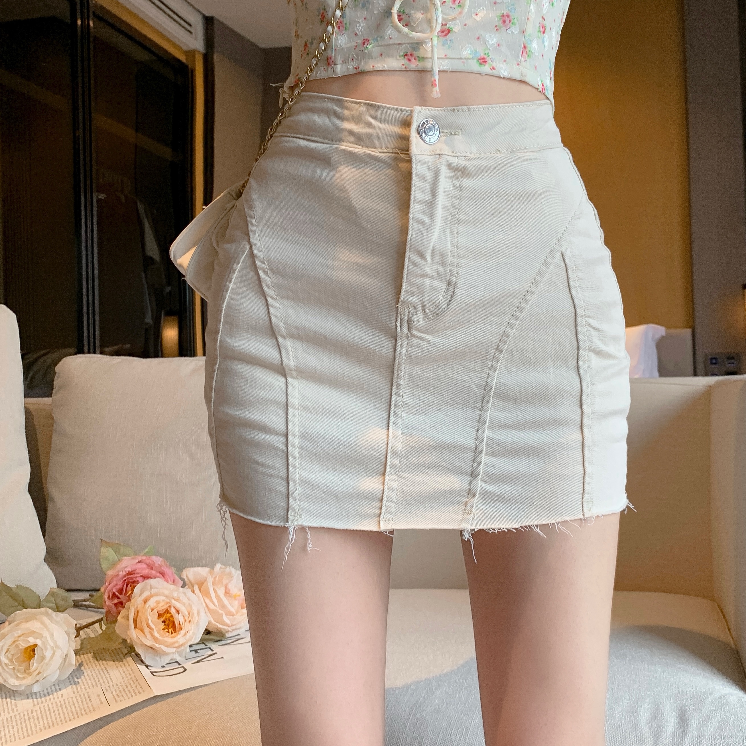 ~Hot girl pure lust style high-waisted short skirt women's summer elastic hip-covering anti-exposure culottes