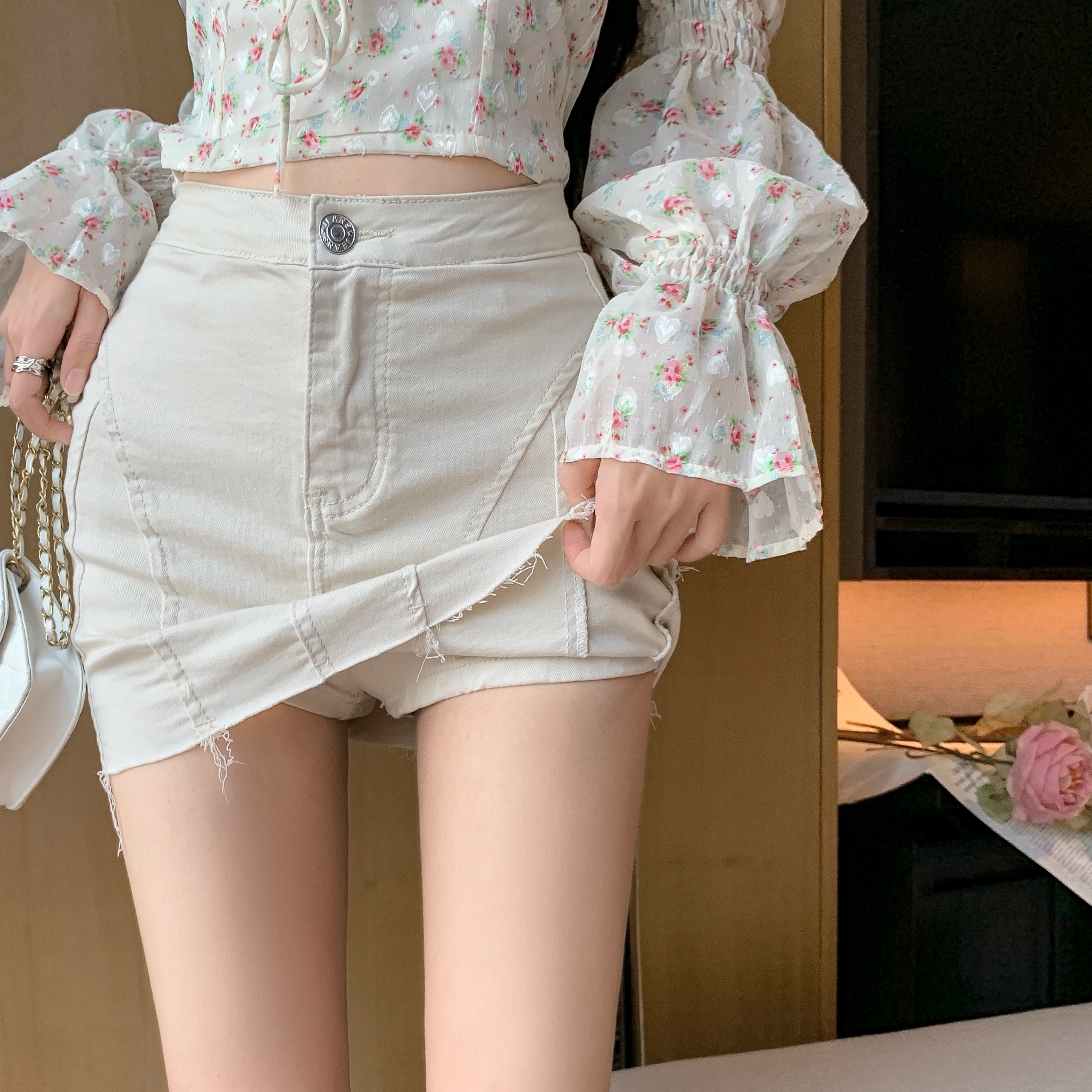 ~Hot girl pure lust style high-waisted short skirt women's summer elastic hip-covering anti-exposure culottes