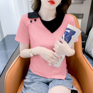 PS30754# 韩版拼接撞色翻领T恤女新款不规则下摆修身显瘦短袖上衣 服装批发女装直播货源