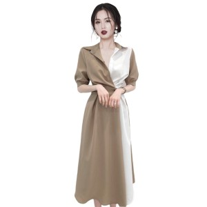 KM15970#夏季韩版chic气质小众设计感翻领拼接撞色系带收腰显瘦中长连衣裙