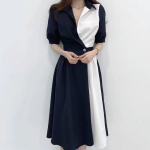 KM15970#夏季韩版chic气质小众设计感翻领拼接撞色系带收腰显瘦中长连衣裙