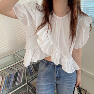 PS32078# 韩版宽松设计感小众衬衣荷叶边短袖衬衫上衣 服装批发女装直播货源