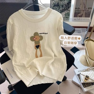 RM1518#冰丝针织短袖t恤女夏季2022新款修身卡通刺绣体恤泡泡袖短款上衣