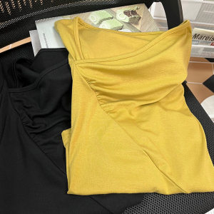 PS35252# 夏季新款纯棉斜肩中袖露锁骨短款T恤不规则上衣女 服装批发女装直播货源