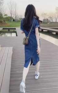PS68846# 短袖休闲薄款牛仔连衣裙女夏季新款韩版收腰显瘦中长款牛仔裙