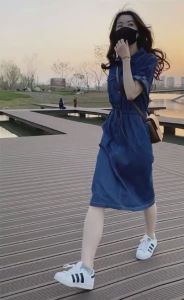 PS68846# 短袖休闲薄款牛仔连衣裙女夏季新款韩版收腰显瘦中长款牛仔裙