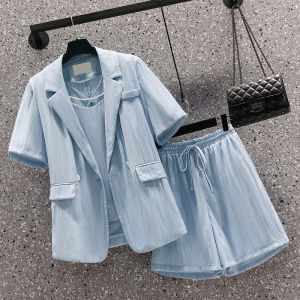 PS32508# 独速大码新款套装蓝色桃花皱短袖西装短裤 服装批发女装直播货源